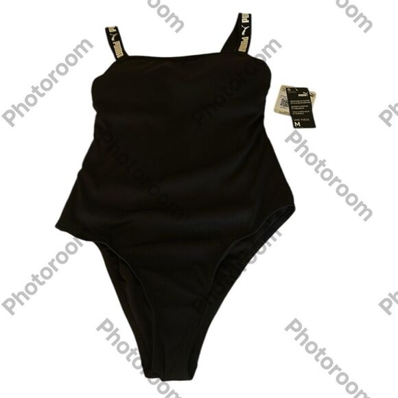 Puma ribbed Black One Piece Swimsuit logo straps, Size Medium, NWT - Picture 5 of 9